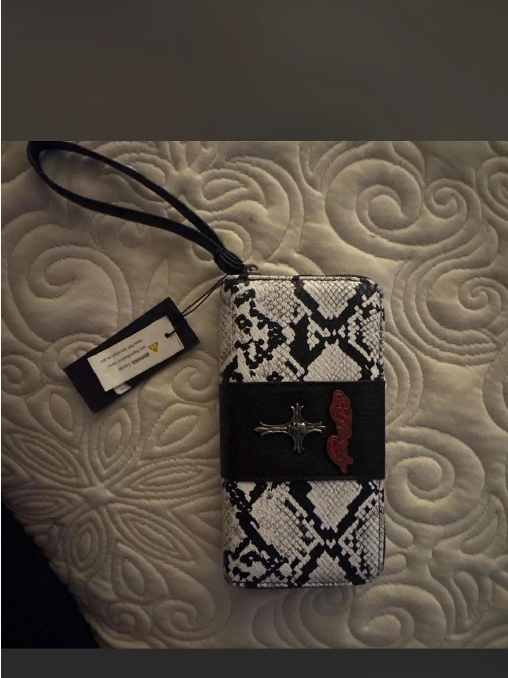 Black & White Snake-Pattern zip around Wristlet Case with Cross Accent